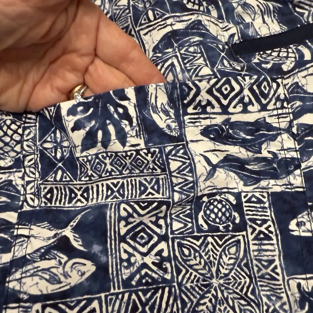 Lands’ End Mens ‎ 9” Volley Swim Trunks Shorts Navy Fish Block Print Sz XL